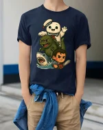 Retro Monster Mash Cartoon T-Shirt Funny Horror Icons - model wearing navy tee with hands in pockets