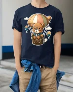 Cute Bear Balloon Adventure T-Shirt Cartoon Travel Tee - model wearing navy tee with hands in pockets