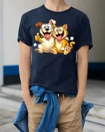 Funny Dog And Cat Best Friends Cartoon T-Shirt Cute Gift - model wearing navy tee with hands in pockets