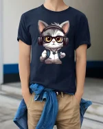 Cute DJ Cat Headphones T-Shirt Funny Music Lover Tee - model wearing navy tee with hands in pockets