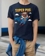 Super Pug Flying Hero Cartoon T-Shirt Funny Dog Lovers - model wearing navy tee with hands in pockets