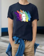 Cute Rainbow Bunny T-Shirt Colorful Kawaii Animal Tee - model wearing navy tee with hands in pockets