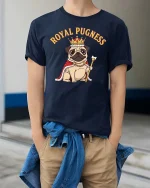 Royal Pugness Crown Dog T-Shirt Funny Cute Pug Lover - model wearing navy tee with hands in pockets