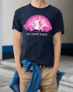 Cute Bunny My Happy Place T-Shirt Kawaii Dark Humor Tee - model wearing navy tee with hands in pockets