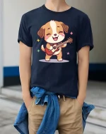 Cute Guitar Dog T-Shirt Funny Music Puppy Cartoon Tee - model wearing navy tee with hands in pockets