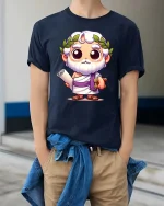 Cute Greek Philosopher Cartoon T-Shirt Funny Thinker Tee - model wearing navy tee with hands in pockets