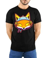 Neon Fox DJ Headphones T-Shirt Retro Streetwear Style - model wearing black tee with hands behind back