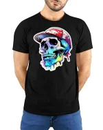 Colorful Skull Streetwear T-Shirt Urban Graffiti Style - model wearing black tee with hands behind back