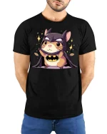 Cute Bat Hamster Hero T-Shirt Funny Animal Superhero Tee - model wearing black tee with hands behind back