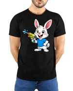 Cute Bunny Water Gun T-Shirt Funny Summer Animal Tee - model wearing black tee with hands behind back