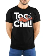 Too Chill Astronaut T-Shirt Funny Space Relax Graphic - model wearing black tee with hands behind back