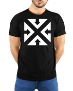 Abstract Arrow X Graphic T-Shirt Minimal Streetwear Tee - model wearing black tee with hands behind back