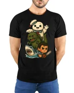 Retro Monster Mash Cartoon T-Shirt Funny Horror Icons - model wearing black tee with hands behind back