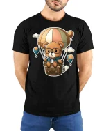 Cute Bear Balloon Adventure T-Shirt Cartoon Travel Tee - model wearing black tee with hands behind back