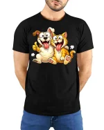 Funny Dog And Cat Best Friends Cartoon T-Shirt Cute Gift - model wearing black tee with hands behind back