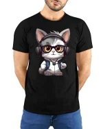 Cute DJ Cat Headphones T-Shirt Funny Music Lover Tee - model wearing black tee with hands behind back