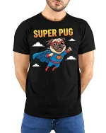 Super Pug Flying Hero Cartoon T-Shirt Funny Dog Lovers - model wearing black tee with hands behind back