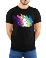Cute Rainbow Bunny T-Shirt Colorful Kawaii Animal Tee - model wearing black tee with hands behind back
