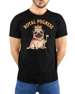 Royal Pugness Crown Dog T-Shirt Funny Cute Pug Lover - model wearing black tee with hands behind back