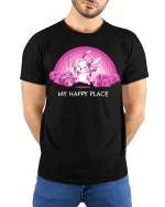 Cute Bunny My Happy Place T-Shirt Kawaii Dark Humor Tee - model wearing black tee with hands behind back
