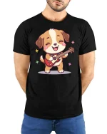 Cute Guitar Dog T-Shirt Funny Music Puppy Cartoon Tee - model wearing black tee with hands behind back