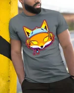 Neon Fox DJ Headphones T-Shirt Retro Streetwear Style - model wearing grey tee, leaning on column
