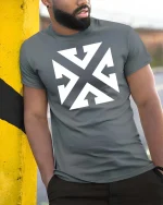 Abstract Arrow X Graphic T-Shirt Minimal Streetwear Tee - model wearing grey tee, leaning on column
