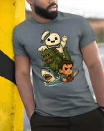 Retro Monster Mash Cartoon T-Shirt Funny Horror Icons - model wearing grey tee, leaning on column