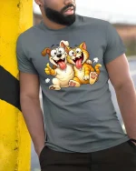 Funny Dog And Cat Best Friends Cartoon T-Shirt Cute Gift - model wearing grey tee, leaning on column