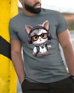 Cute DJ Cat Headphones T-Shirt Funny Music Lover Tee - model wearing grey tee, leaning on column