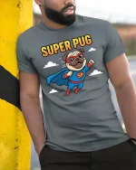 Super Pug Flying Hero Cartoon T-Shirt Funny Dog Lovers - model wearing grey tee, leaning on column