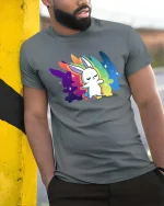 Cute Rainbow Bunny T-Shirt Colorful Kawaii Animal Tee - model wearing grey tee, leaning on column