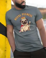 Royal Pugness Crown Dog T-Shirt Funny Cute Pug Lover - model wearing grey tee, leaning on column