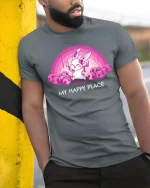 Cute Bunny My Happy Place T-Shirt Kawaii Dark Humor Tee - model wearing grey tee, leaning on column
