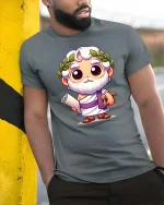 Cute Greek Philosopher Cartoon T-Shirt Funny Thinker Tee - model wearing grey tee, leaning on column