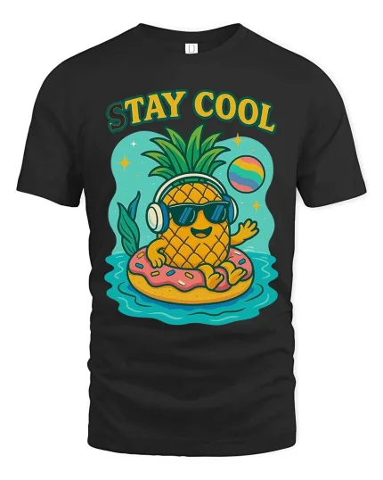 Stay Cool Pineapple T-Shirt Funny Summer Vibes Tee - black t-shirt on white background