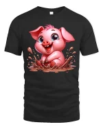 Cute Mud Pig T-Shirt Funny Kawaii Animal Farm Graphic Tee - black t-shirt on white background