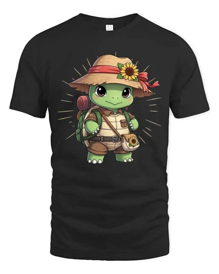 Cute Turtle Explorer T-Shirt Adventure Hiking Animal Tee - black t-shirt on white background