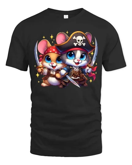 Cute Pirate Mice T-Shirt Funny Animal Adventure Graphic Tee - black t-shirt on white background