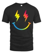 Rainbow Lightning Smile T-Shirt Colorful Happy Graphic Tee - black t-shirt on white background