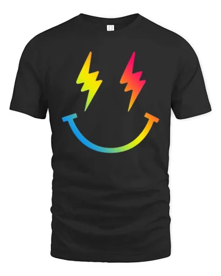Rainbow Lightning Smile T-Shirt Colorful Happy Graphic Tee - black t-shirt on white background