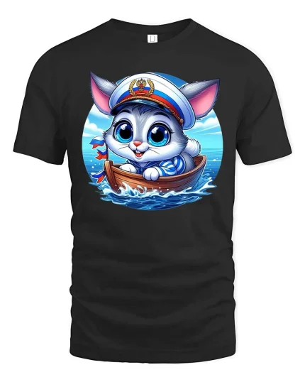 Cute Sailor Cat T-Shirt Funny Ocean Animal Graphic Tee - black t-shirt on white background