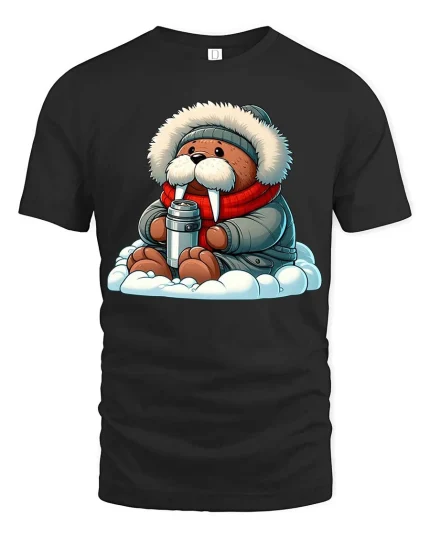 Cute Walrus Winter T-Shirt Funny Arctic Animal Cozy Tee - black t-shirt on white background