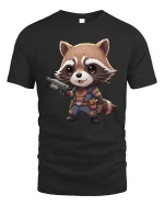 Cute Raccoon Warrior T-Shirt Funny Animal Hero Graphic Tee - black t-shirt on white background