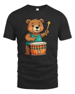 Cute Bear Drummer T-Shirt Funny Animal Music Lover Tee - black t-shirt on white background