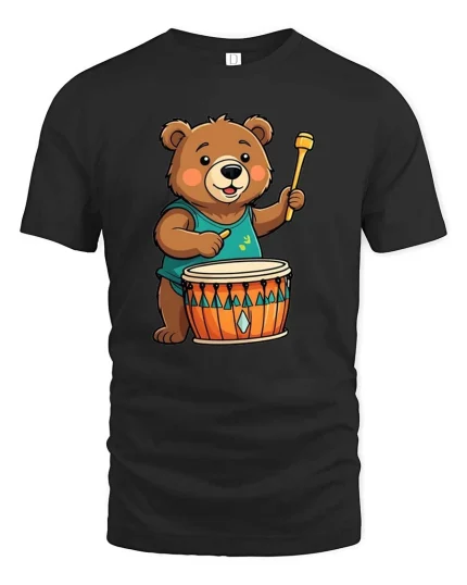 Cute Bear Drummer T-Shirt Funny Animal Music Lover Tee - black t-shirt on white background