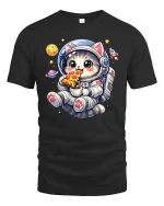 Cute Astronaut Cat T-Shirt Funny Space Pizza Graphic Tee - black t-shirt on white background