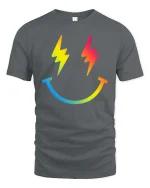 Rainbow Lightning Smile T-Shirt Colorful Happy Graphic Tee - gray t-shirt on white background