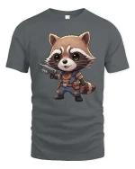 Cute Raccoon Warrior T-Shirt Funny Animal Hero Graphic Tee - gray t-shirt on white background
