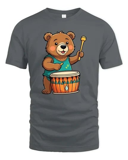 Cute Bear Drummer T-Shirt Funny Animal Music Lover Tee - gray t-shirt on white background